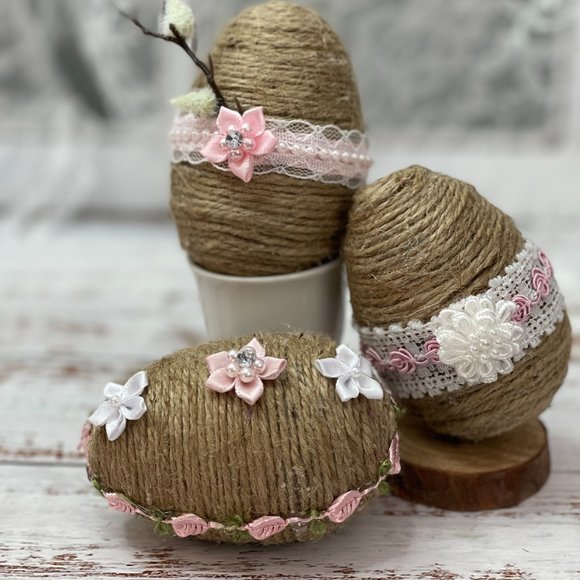 Shabby Chic JUMBO BOHO Easter Eggs, Custom Eggs, Handmade Country Chic, Twine - Picture 1 of 15